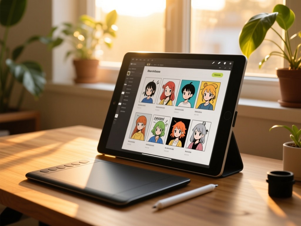 A drawing tablet and stylus on a wooden desk during golden hour, screen displaying an organized comic art portfolio, warm sunlight through window, plants in background, soft natural lighting, minimalist composition.