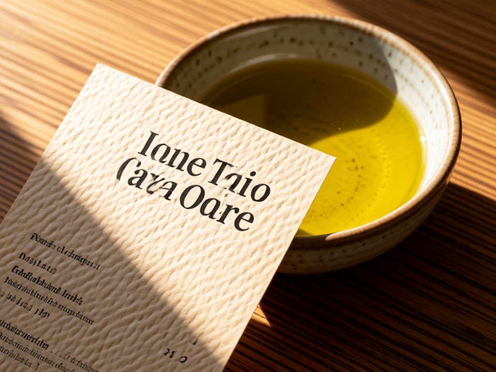 Close-up of a textured paper menu resting against a ceramic bowl of artisan olive oil. Sunlight illuminates the typography and oil's golden hue. Wood grain background adds warmth. No people.