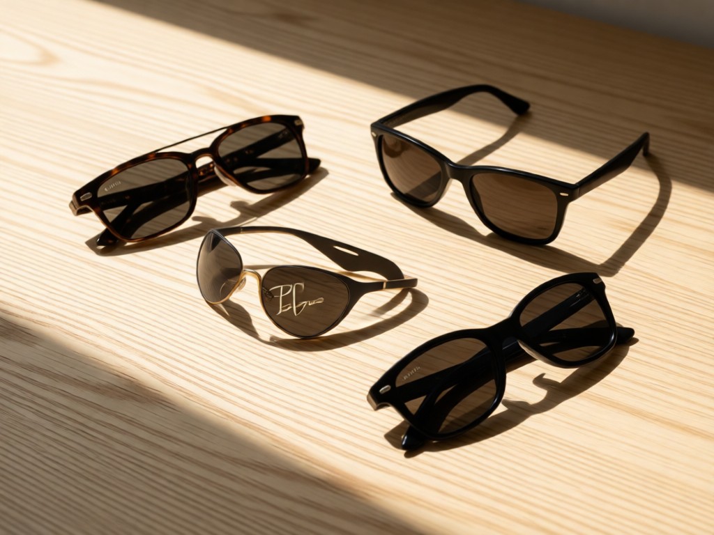 Minimalist display of three Ray Ban sunglasses on a light oak surface. Soft shadows emphasize texture. Morning light creates clean lines. No people.
