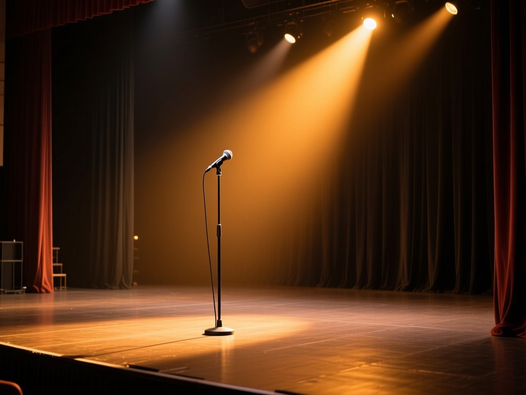 A single spotlight on an empty concert stage during golden hour, illuminating a microphone stand, symbolizing global presence, warm amber lighting against dark curtains, dramatic composition, no people.