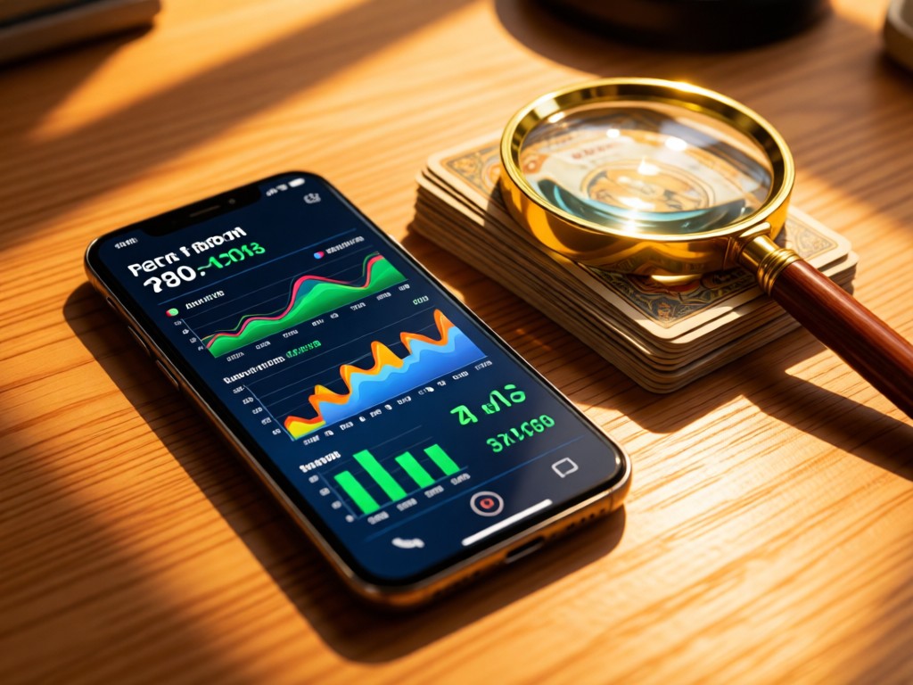 A sleek smartphone showing real-time Pokemon card value charts on a wooden desk. Next to it, a magnifying glass rests on a stack of vintage cards. Warm sunlight. No people.