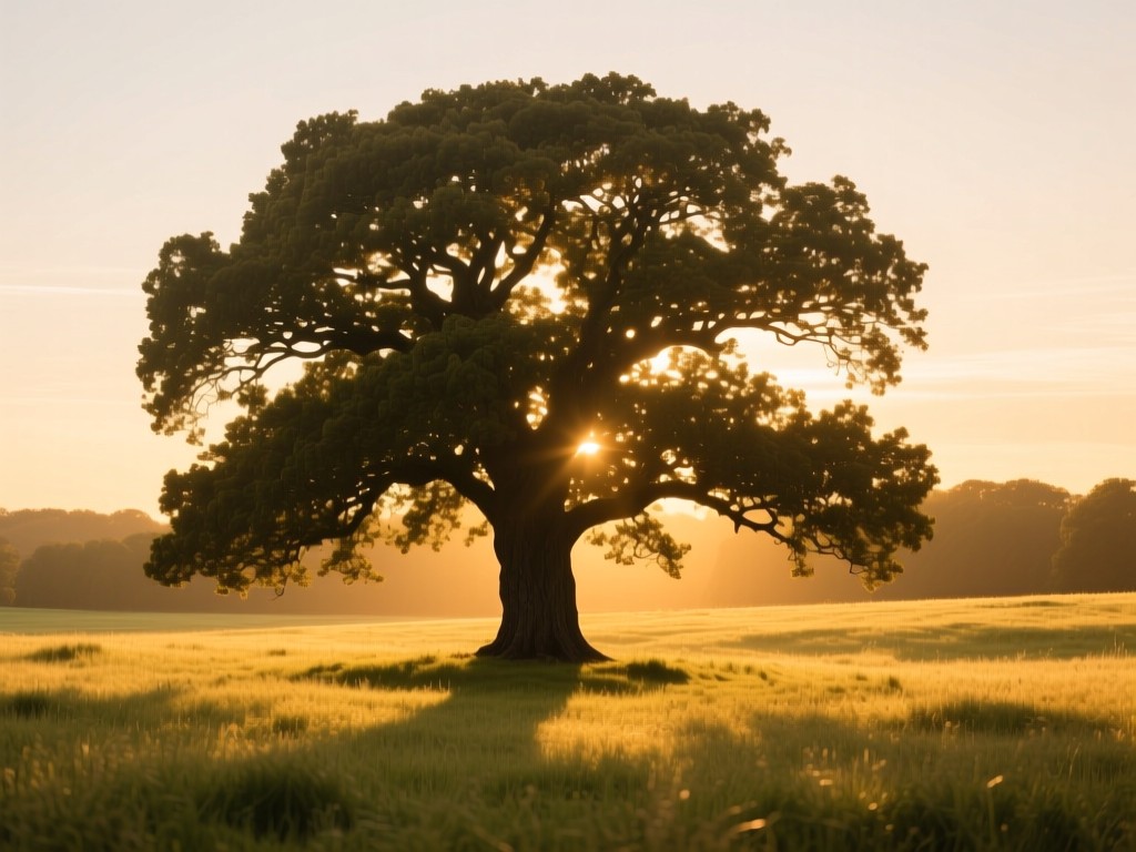 A single majestic oak tree in a sun-drenched meadow at golden hour, its expansive canopy symbolizing growing clientele and expertise, warm glow, soft shadows, no people.