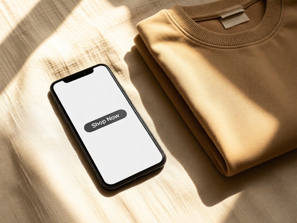 A smartphone displaying a clean 'Shop Now' button next to a folded sweatshirt. Warm daylight on a linen backdrop. No people.