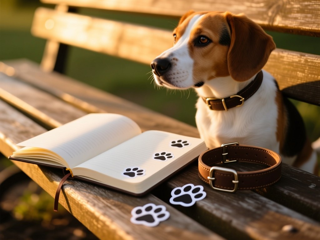 An open journal with pawprint stickers beside a dog collar on a wooden bench during golden hour, soft sunlight on empty pages, warm creative atmosphere, shallow focus.