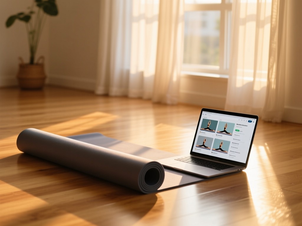 A yoga mat unrolled on a polished wooden floor during golden hour, a laptop open beside it showing neatly organized yoga tutorials, soft sunlight filtering through sheer curtains, minimalist decor, shallow depth of field, warm natural lighting.