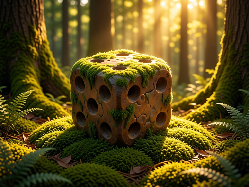 A single, oversized die resting on moss in a sun-dappled forest clearing. Represents chance, discovery, and playful foundations. Warm golden hour light. No people.