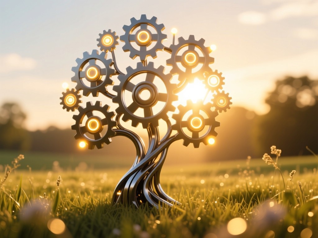 A stylized metal gear tree with glowing nodes growing toward sunlight in a meadow, golden hour backlighting, symbolizing technical artistry meeting opportunity, soft bokeh background.