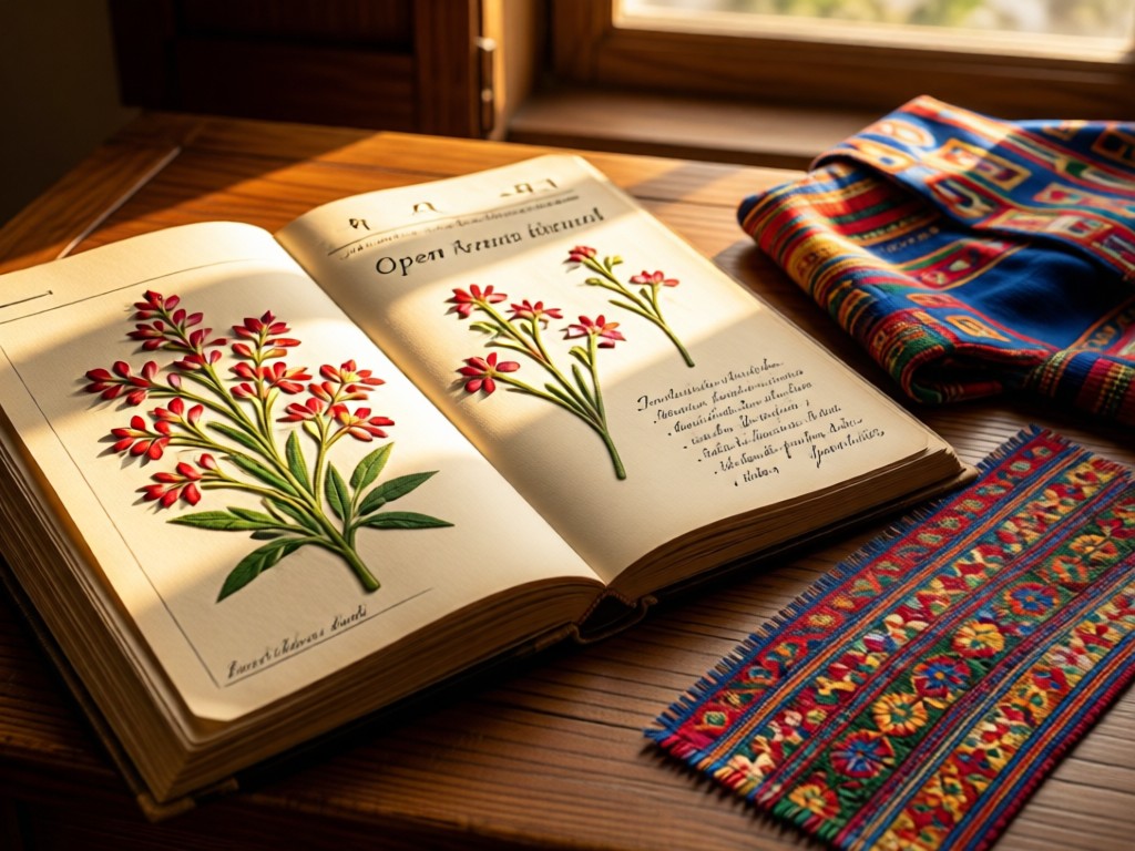 Open journal with pressed Bhutanese flora and handwritten notes. Traditional gho fabric swatch nearby in warm light. No people.