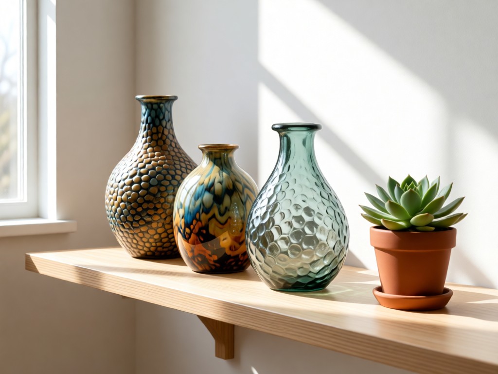 Minimalist wooden shelf displaying three glazed ceramic vases. Soft window light highlights their unique textures and colors. A single succulent plant beside them creates organic contrast. Clean composition with breathing room. No people.