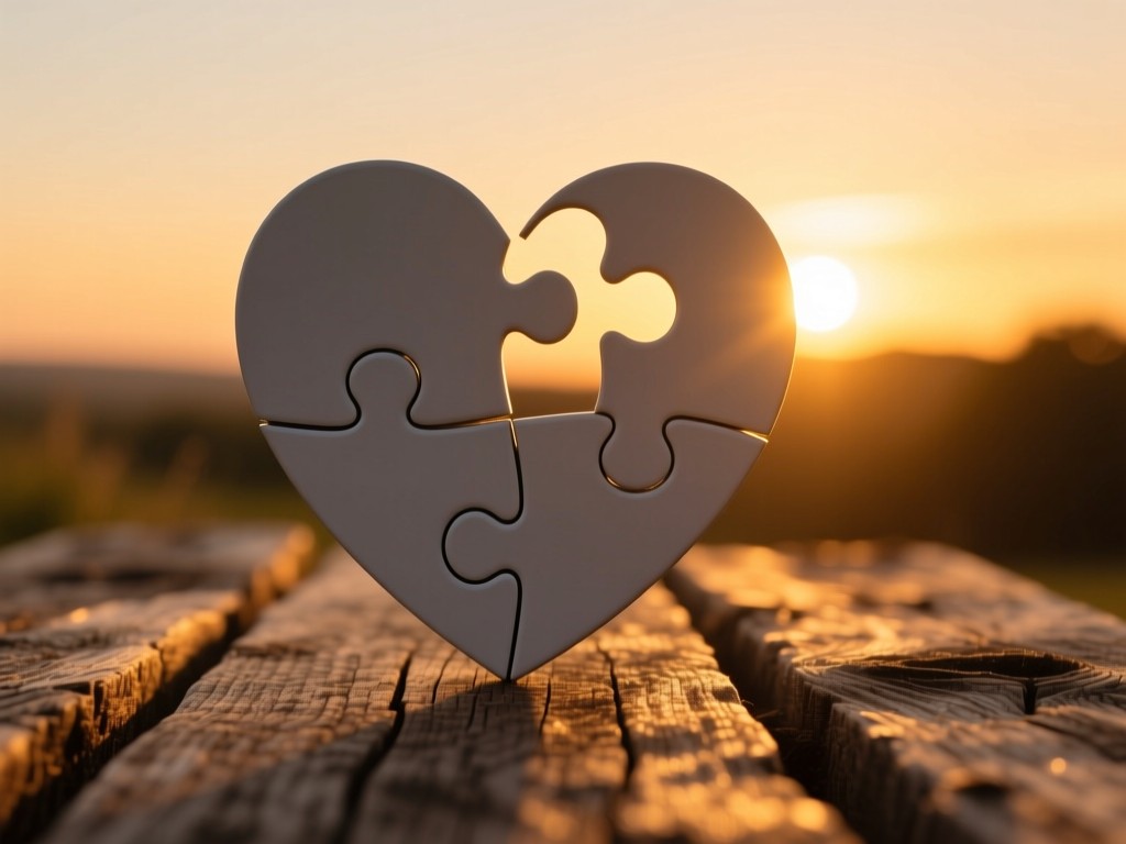 Interlocking puzzle pieces forming a heart shape on a rustic wooden surface at sunset, warm golden hour glow, symbolic of community connection, minimalist composition, no people.