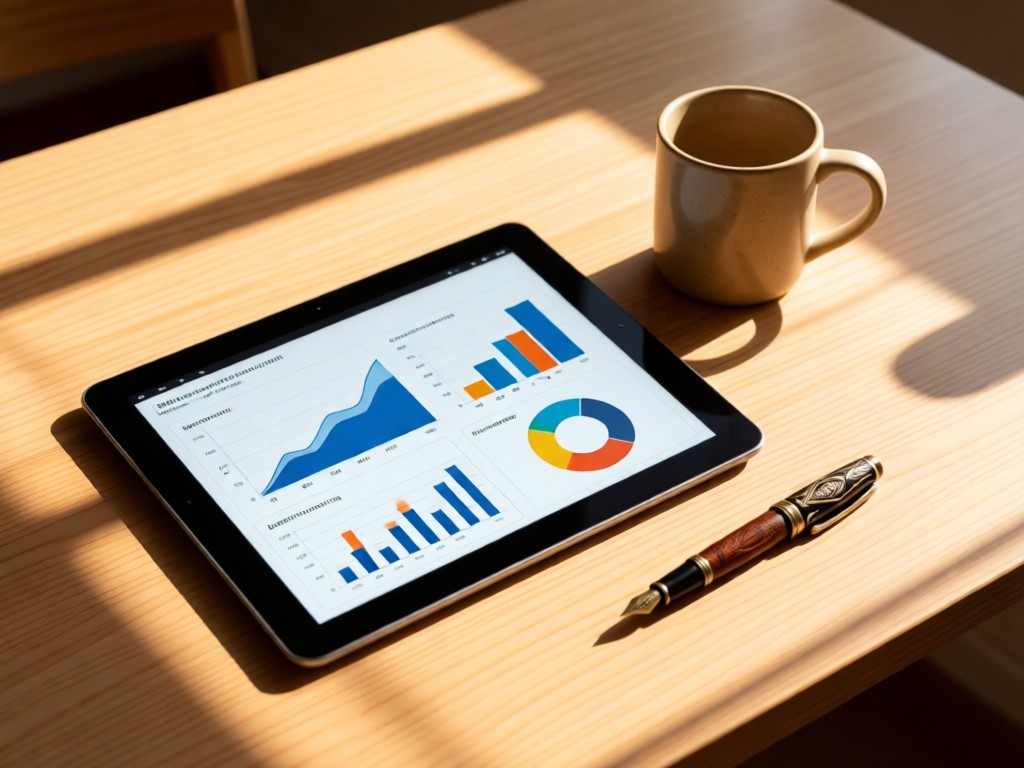 A minimalist desk with a tablet showing clean data charts. A ceramic mug and engraved pen sit beside it. Morning light creates warm shadows. No people.