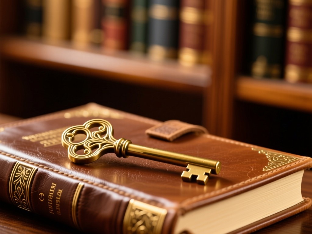 A decorative brass key resting on a leather-bound journal. Soft golden light highlights the texture. Blurred bookshelf background with warm wood tones. No people.