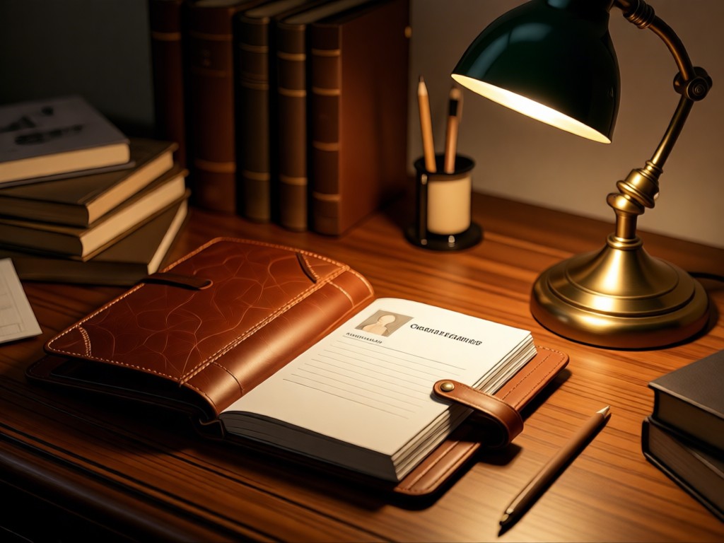 A leather-bound notebook open to a contact page beside a vintage desk lamp. Warm light creates cozy professionalism. No people.