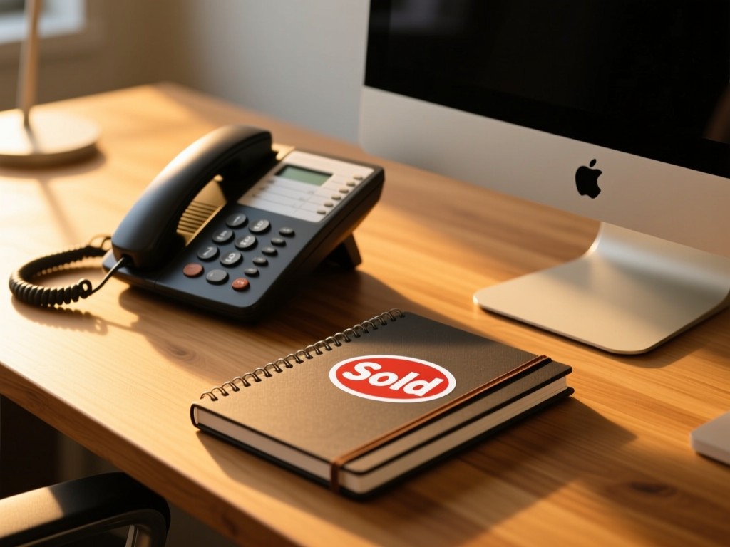 Modern desk phone and notebook with 'Sold' sticker on a wooden surface. Golden hour backlighting. No people.