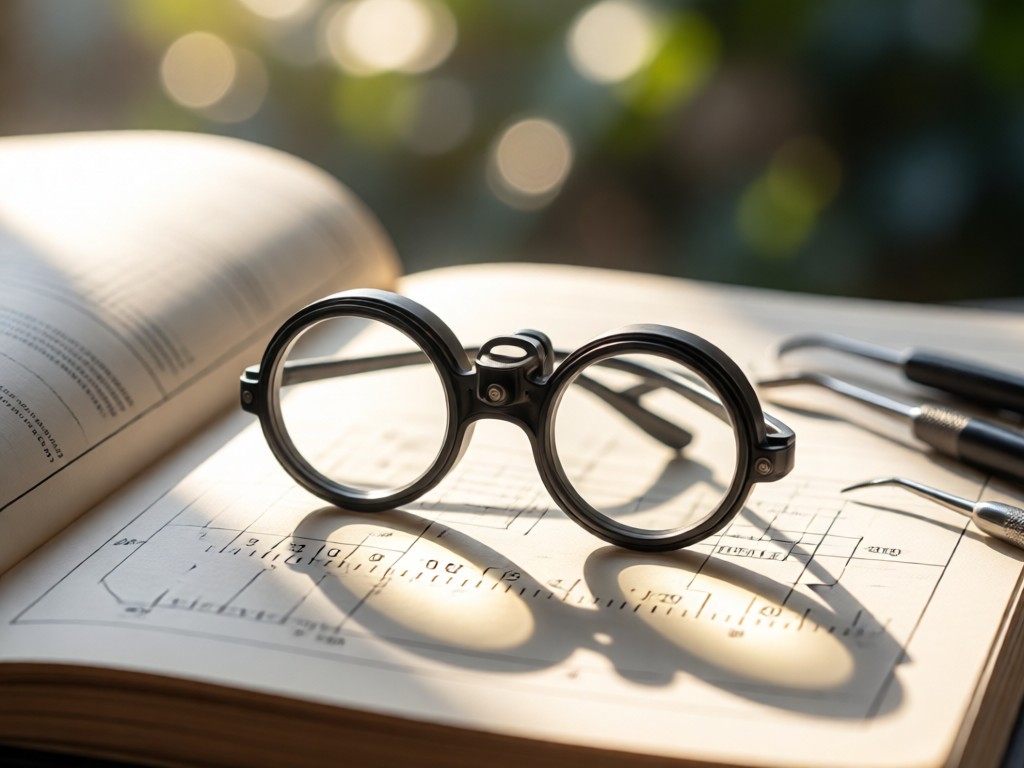 Close-up of orascoptic loupes on an open technical manual. Sunlight highlights engraved measurements. Soft bokeh background with dental tools. Minimalist composition.