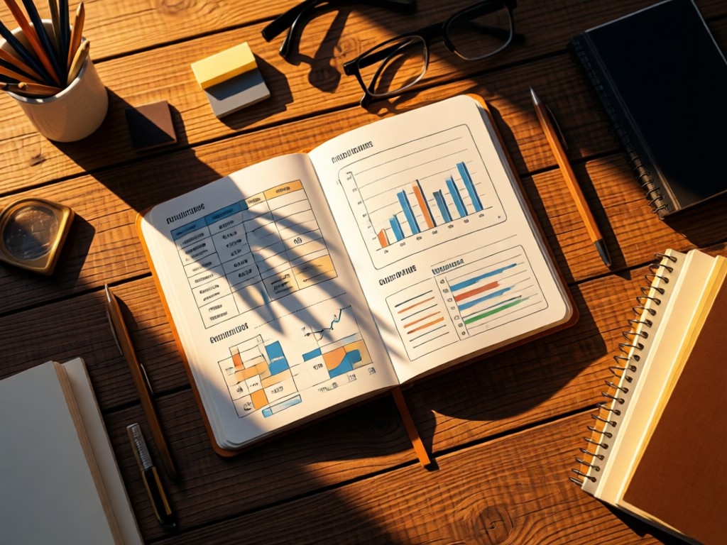 Aerial view of a single open notebook revealing a structured financial plan diagram. Surrounded by organized stationery on a textured wood surface. Golden hour lighting creates long shadows. No people.