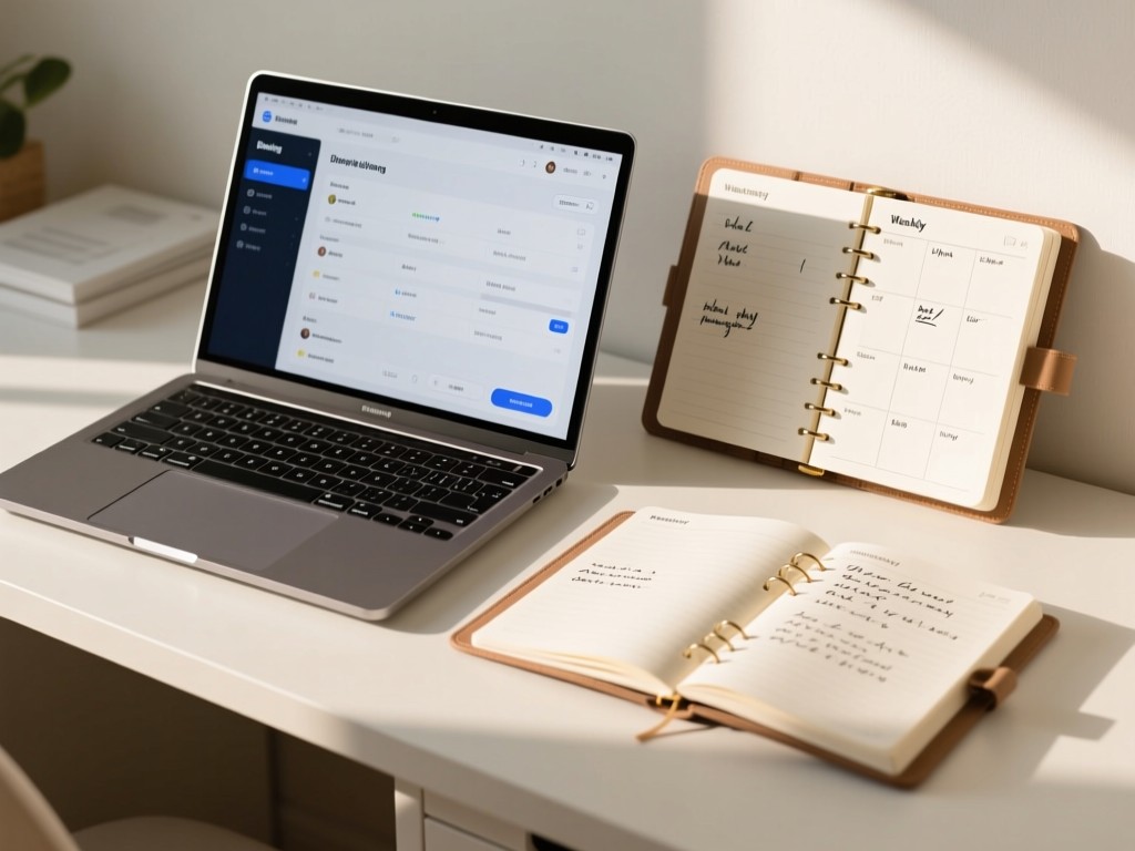 A minimalist desk with a laptop showing a clean booking interface beside a physical weekly planner. The pages are crisp with neat handwritten notes. Soft natural light highlights the organization. No people.
