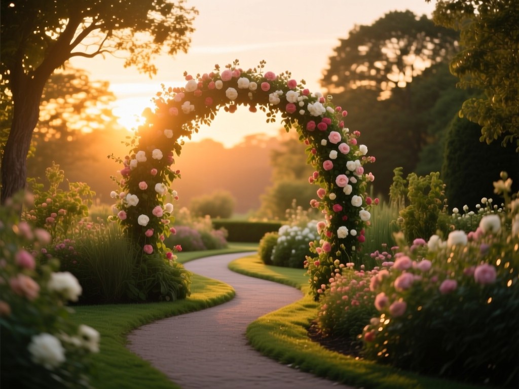 A winding garden path at sunset leading to a floral archway, soft golden light filtering through trees, symbolic of bridal clients finding your artistry, warm natural palette.