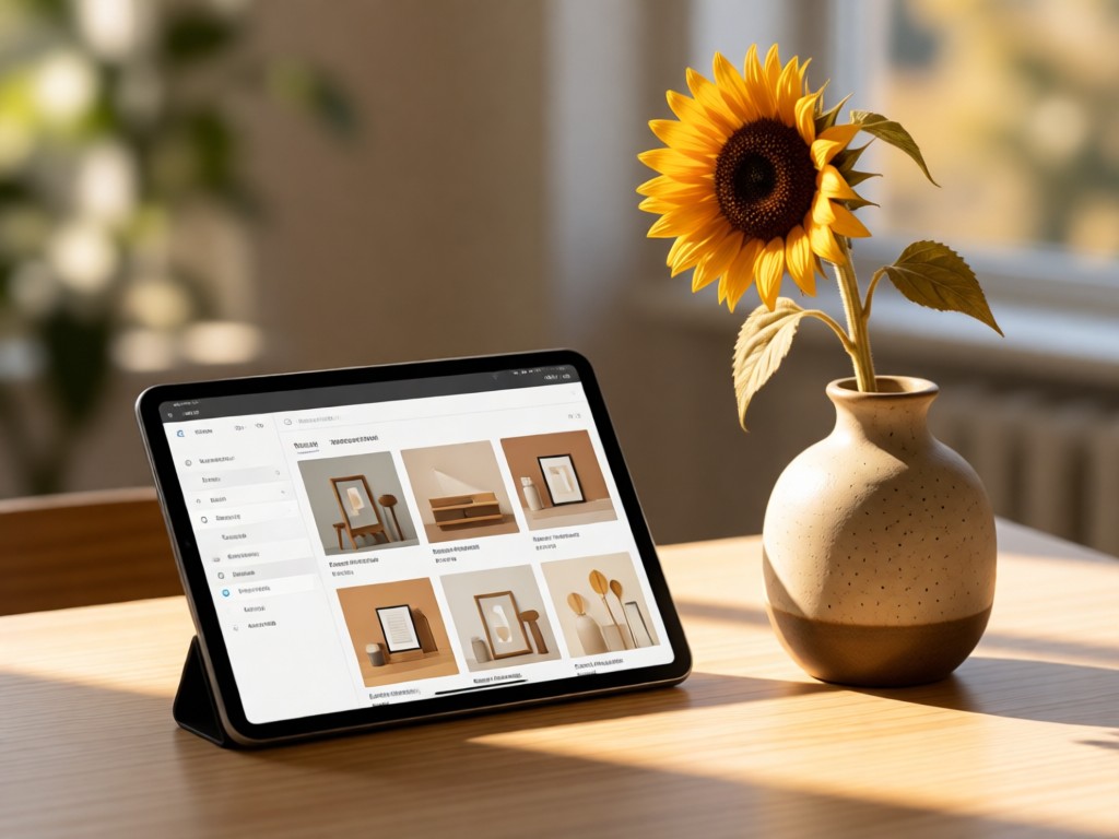 A minimalist desk with a tablet displaying a clean image gallery layout. Beside it, a single dried sunflower in a ceramic vase catches afternoon light. Soft focus background.