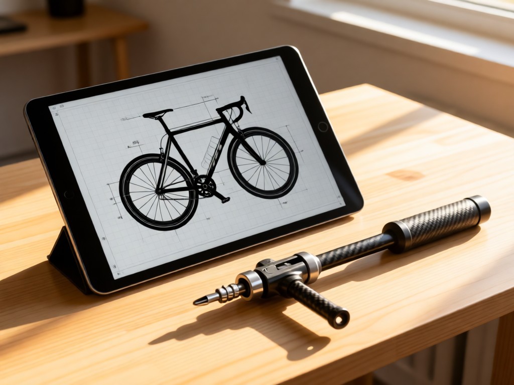 A minimalist desk with an open tablet showing a bike geometry diagram. Beside it, a precision torque wrench and carbon seatpost bathed in warm sunlight. Clean, technical mood. No people.