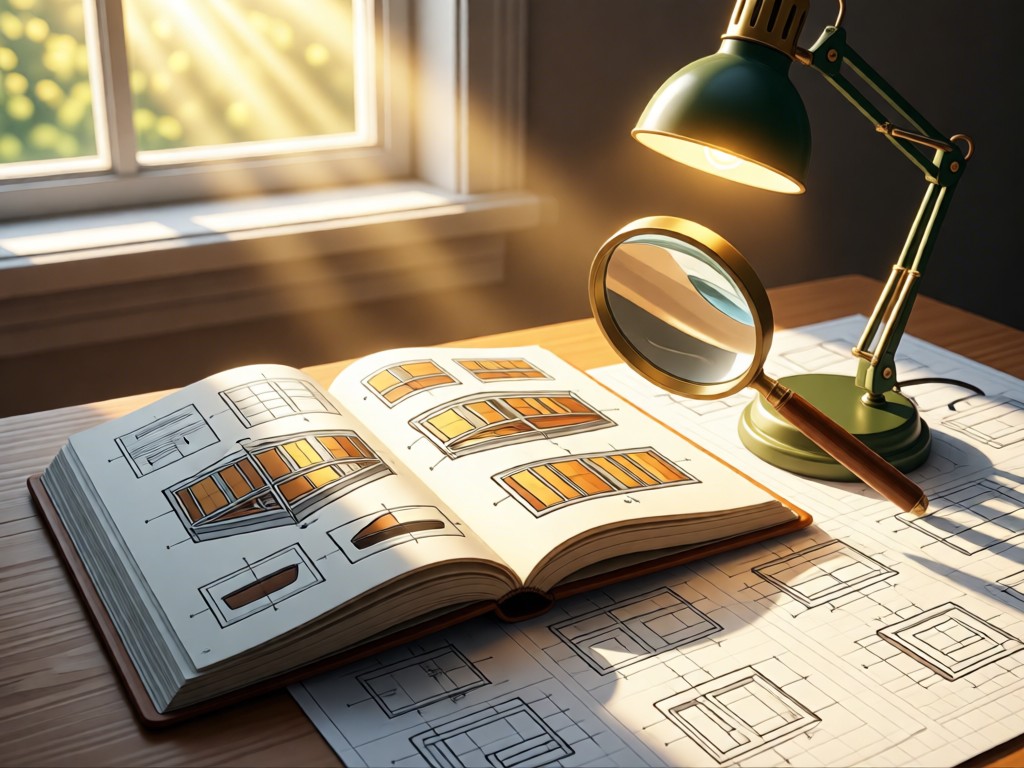 An open notebook with detailed sketches of model parts beside a magnifying lamp. Sunlight streams through a window onto graph paper filled with assembly diagrams. Warm and educational atmosphere. No people.