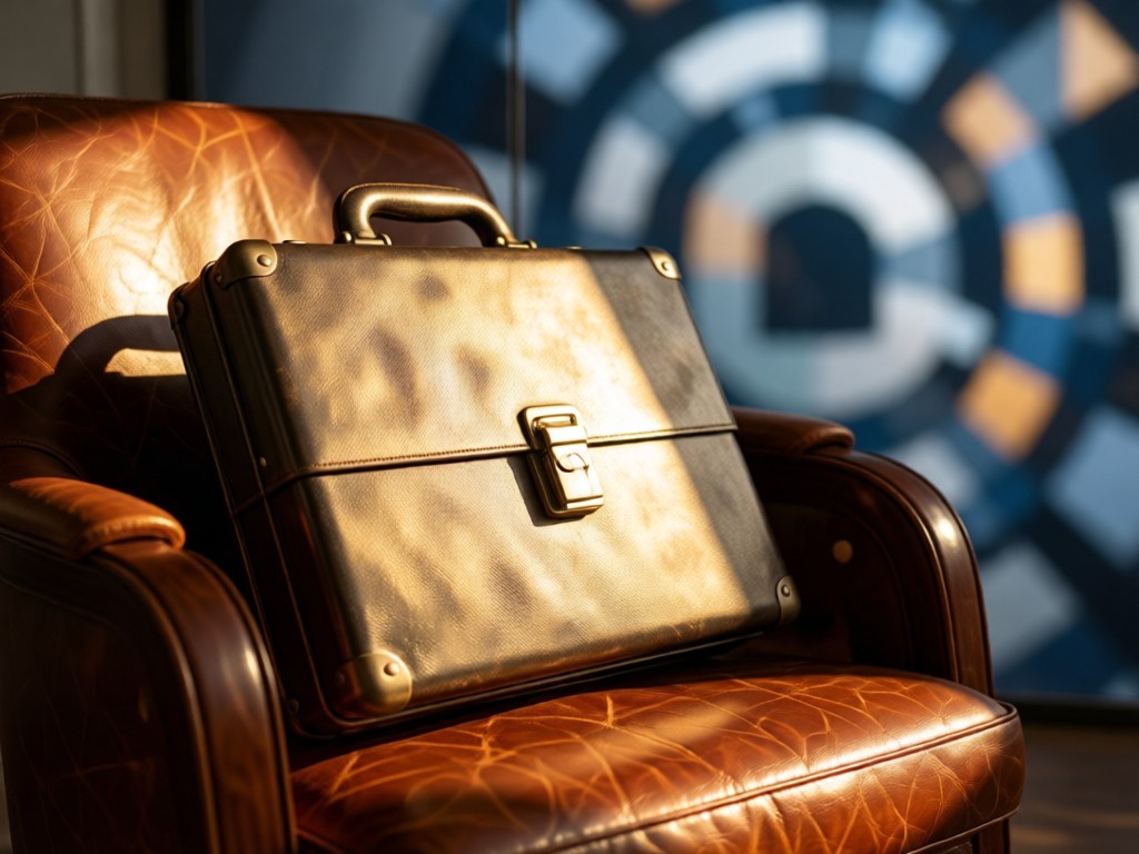 An angled view of a locked metal briefcase on a leather chair. Sunshine highlights the texture. In the blurred background, abstract geometric patterns symbolize security.