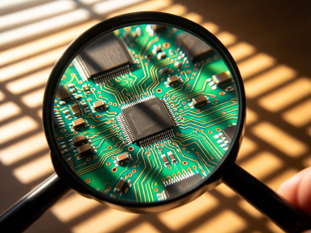A magnifying glass focusing on circuit board details. Sunlight streams through blinds, creating striped shadows. Warm tones with shallow depth of field. No people.