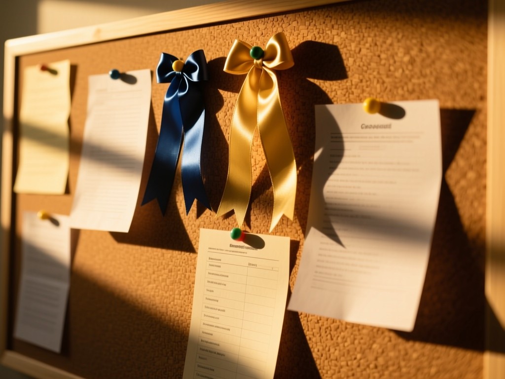 A corkboard pinned with ribbons and graded papers. Golden hour light creates long shadows across its textured surface. No people.