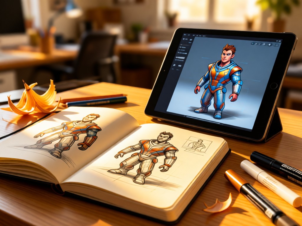 An open sketchbook showing detailed 3D character concepts beside a stylized digital tablet. Golden hour light illuminates pencil shavings and rendering markers. Blurred background suggests a creative workspace. No people.