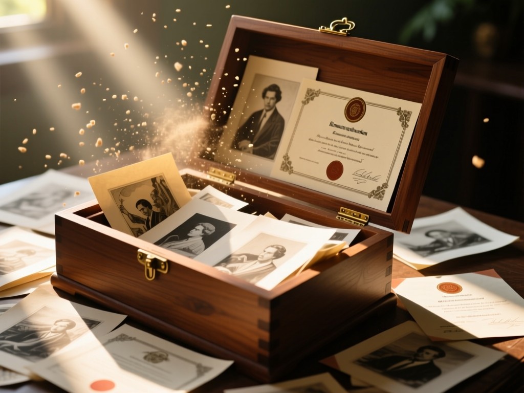 An open wooden memory box overflowing with scanned artwork and diplomas. Sun streaks illuminate floating dust particles. No people.