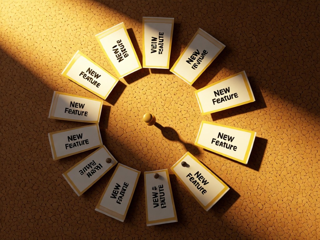 A circular arrangement of version update cards on a corkboard. Golden light highlights the 'New Feature' tags. A pushpin casts a dramatic shadow. Minimal and organized. No people.