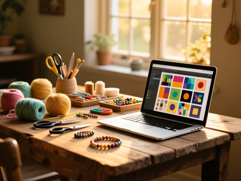 A rustic wooden table at golden hour displaying neatly arranged craft supplies like yarn, scissors, and beads beside an open laptop showing a colorful digital gallery, soft sunlight streaming through a window, shallow depth of field, no people.