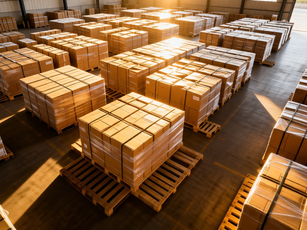 Aerial view of perfectly arranged shipping pallets in a sunlit warehouse. Golden light highlights textures of cardboard and plastic wrap. Clean composition with breathing room. No people.