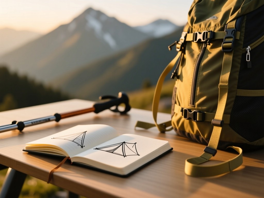 A minimalist desk setup at golden hour: open notebook with hand-sketched tent diagram, ultralight backpack straps, and hiking poles against blurred mountain backdrop, soft natural lighting.