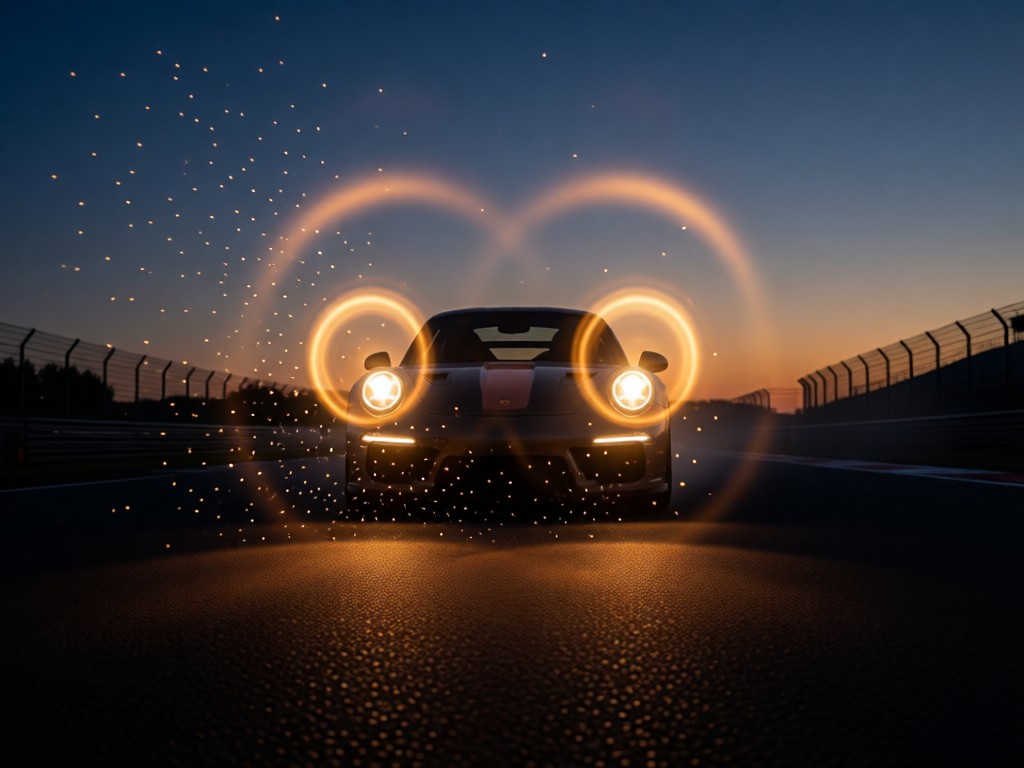 Low-angle shot of Porsche headlights glowing at dusk on an empty racetrack. Warm halos illuminate floating dust particles. Moody yet inviting atmosphere. Focus on light and solitude.