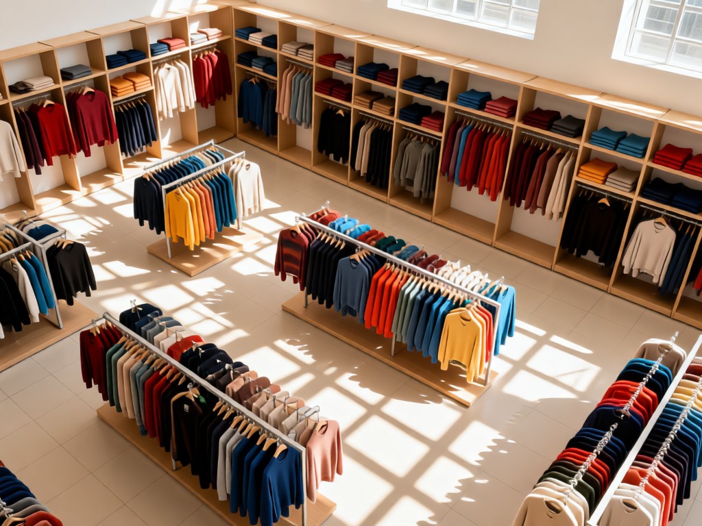 An aerial view of a perfectly organized discount section with color-coordinated sweaters. Sunlight creates patterns through shelving units in a bright space. No people.