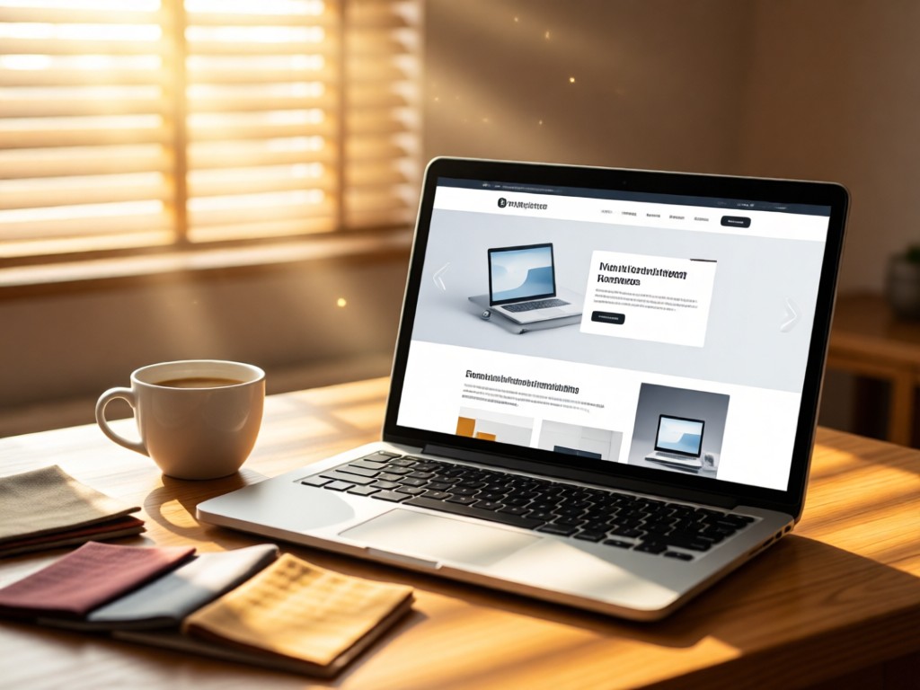 An open laptop showing a clean product page interface next to a coffee cup and fabric swatches. Soft focus background with sunlight filtering through blinds. Warm, inviting atmosphere. No people.