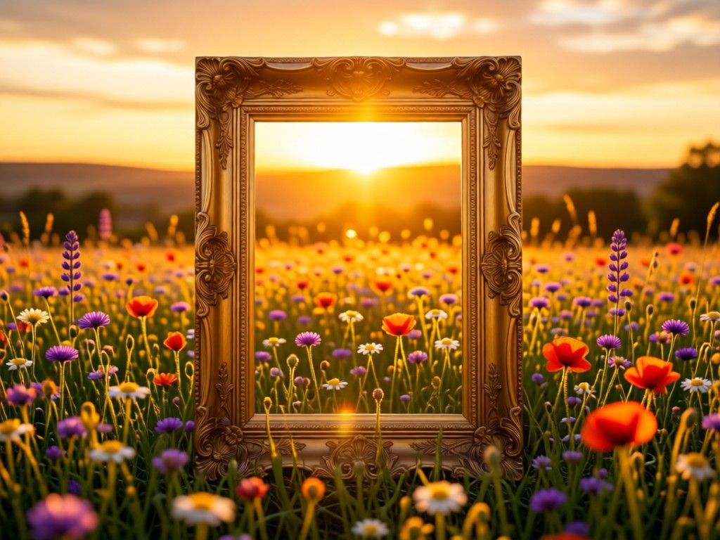 Single ornate frame standing upright in a field of wildflowers at sunset. Golden light emphasizes the frame as a focal point against the natural backdrop. No people.