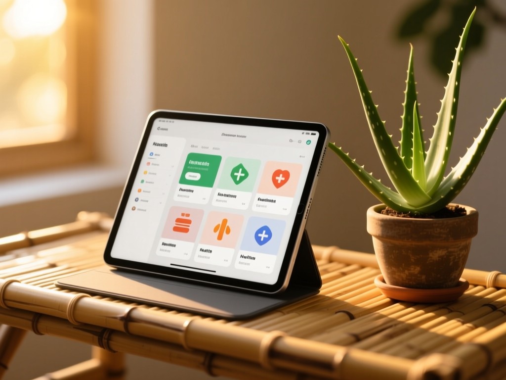 A modern tablet on a bamboo desk displaying organized health content categories during golden hour, soft sunlight illuminating the screen, minimalist aesthetic with a potted aloe vera plant nearby, warm natural tones.