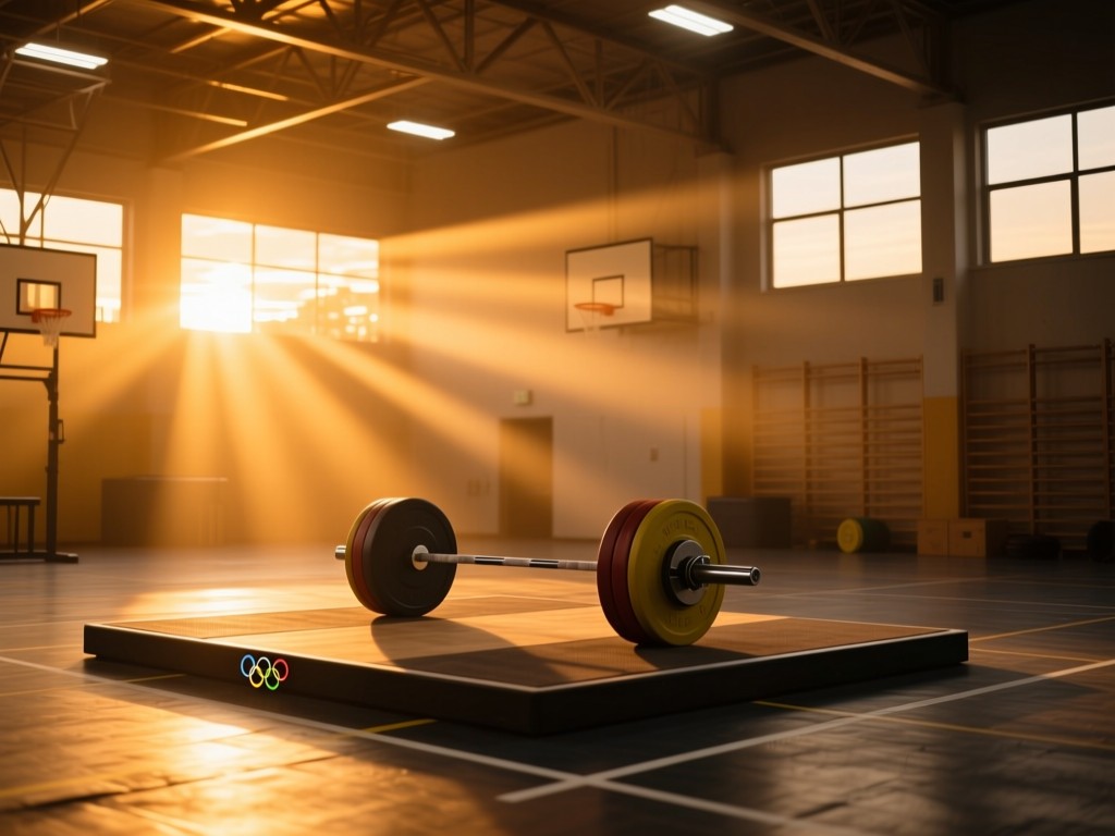 A lone olympic weightlifting platform in an empty gym during sunset, beams of golden light emphasizing its structure, symbolizing strength and opportunity, warm tones, high depth of field.
