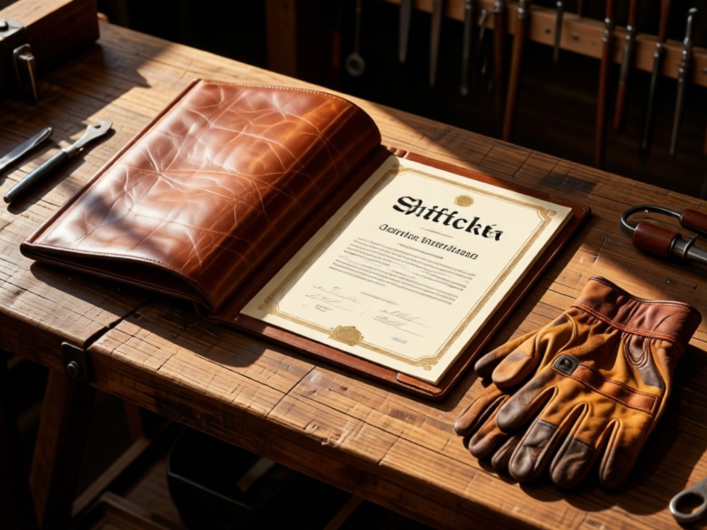 A leather-bound certification folder open on a workbench, beside a pair of clean mechanic gloves. Soft directional lighting creates texture contrast.