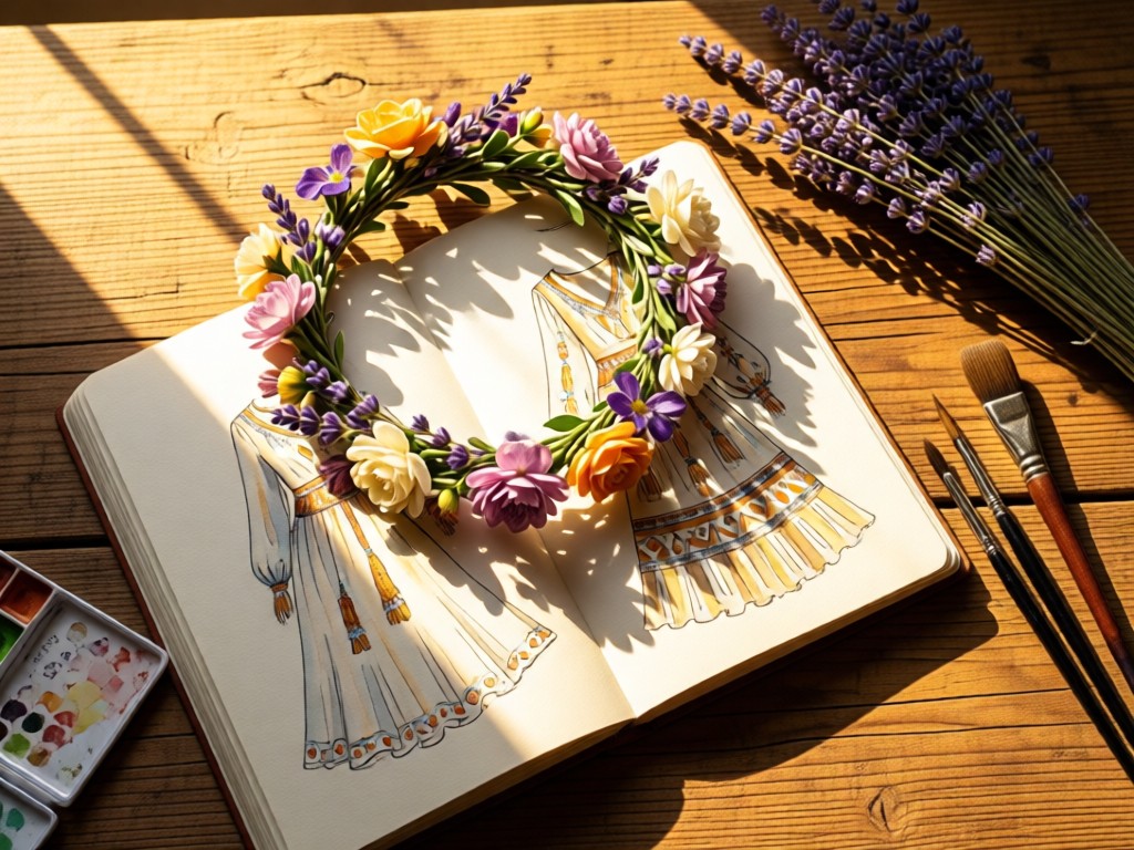 Aerial view of a flower crown resting on open sketchbook with boho dress designs. Watercolor brushes and dried lavender nearby. Golden light creates artistic shadows on rustic table. No people.