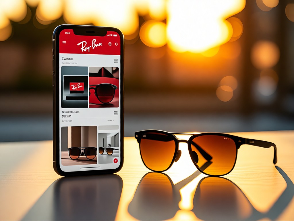 A smartphone displaying a Ray Ban portfolio beside actual sunglasses. Golden hour backlighting creates harmony. Clean composition. No people.