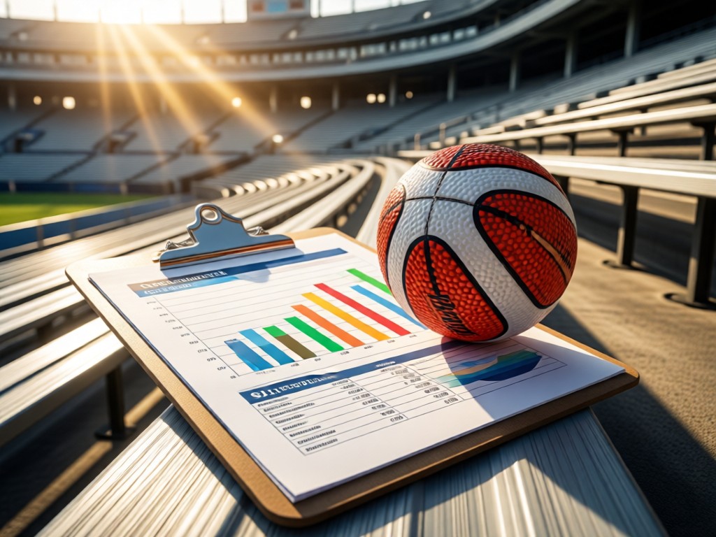 A lacrosse ball on a clipboard showing clean stats sheets. Sunlight filters through stadium bleachers. Focus on data presentation with athletic elements.