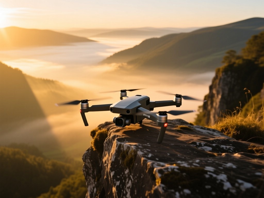 DJI drone perched on a cliff edge at golden hour, overlooking misty valleys, camera facing forward, warm sunlight casting long shadows, shallow depth of field, no people.