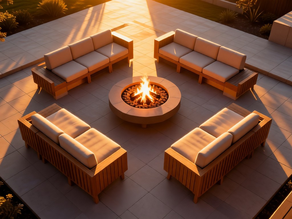 Aerial view of perfectly arranged modular lounge pieces around a fire pit. Golden hour lighting creates symmetry while emphasizing the cohesive design. No people.