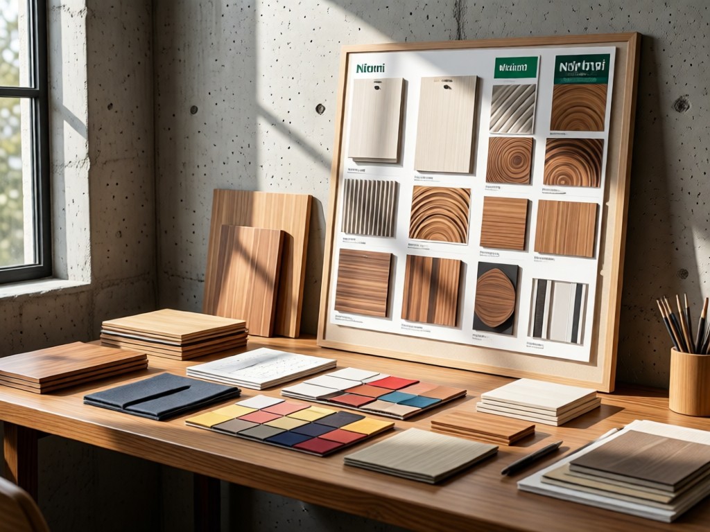 A designer's desk with fabric swatches, wood samples, and a mood board featuring Nitori catalog cuts. Natural light highlights material textures against a concrete backdrop.