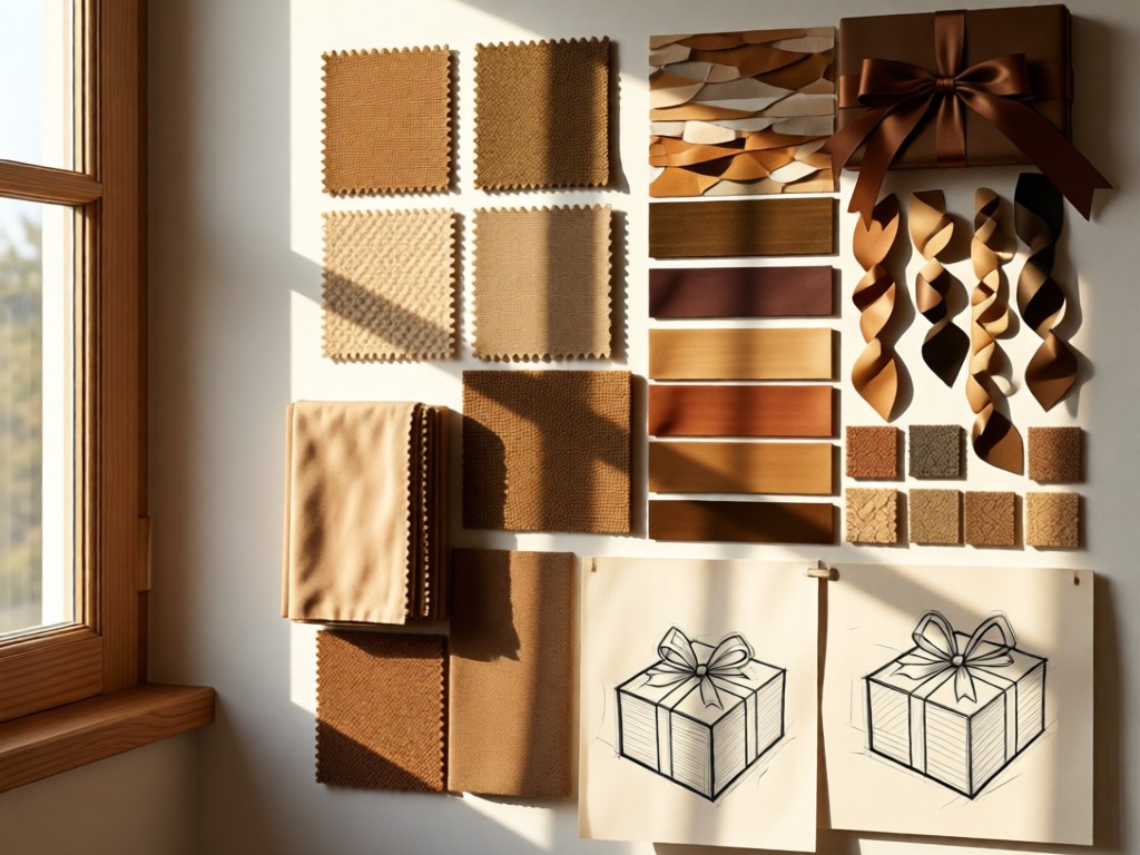 A designer mood board with fabric swatches, ribbon samples, and sketched gift concepts. Natural light illuminates textures from a side window. Earthy tones dominate the composition. No people.
