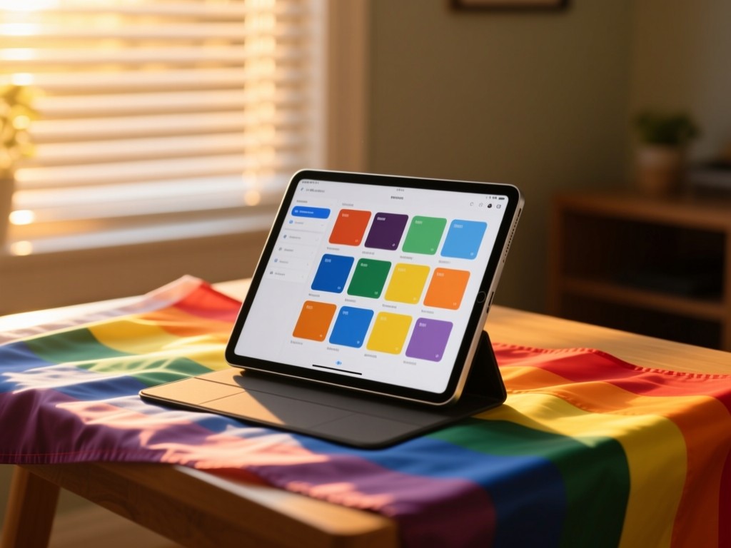 A modern tablet on a rainbow flag draped table during golden hour, screen showing organized resource tiles, soft sunlight filtering through blinds, shallow depth of field, warm tones.