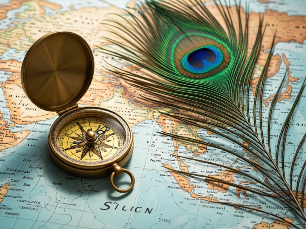 Vintage brass compass with peacock feather beside it on a world map. Focus on Asia and Europe regions. Soft natural lighting. No people.